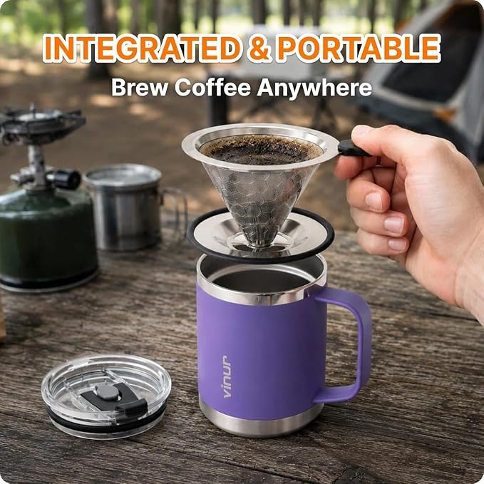 Pour Over Coffee Maker-12 oz Insulated Mug with Stainless Steel Filter | Stainless Steel Vacuum Insulated Coffee Maker With Stainless Steel Filter for Home, Camping, Gift for Men & Women (Purple)