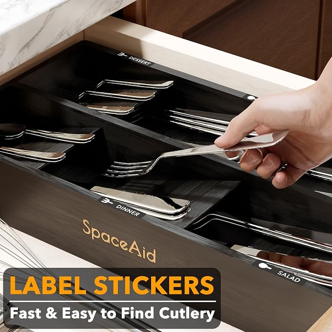 SpaceAid Bamboo Silverware Drawer Organizer with Labels, Kitchen Utensil Tray Holder Organizer for Flatware, Cutlery, Spoon and Knives Drawer Storage Organization (Black, 6 Slots)