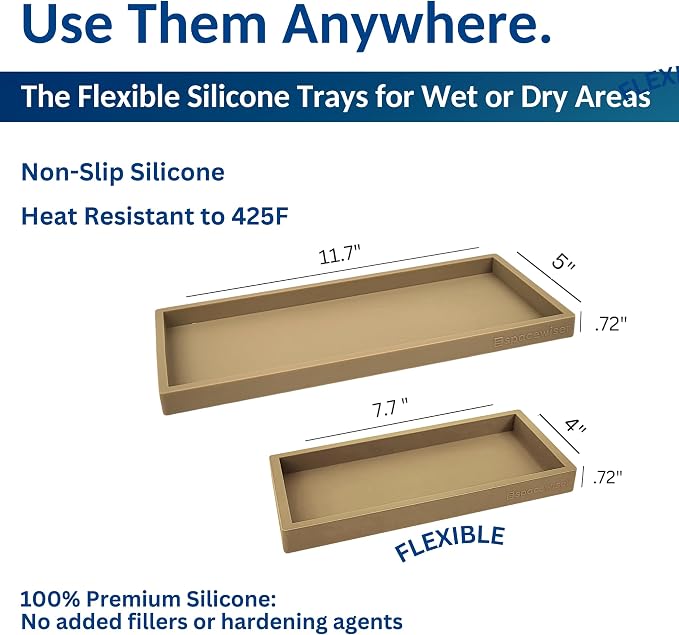 Countertop & Vanity Silicone Tray – 2 PC (11.7" & 7.7") Set | Bathroom Tray & Kitchen Soap Tray Set, Bathroom Counter Tray, Kitchen Sink Dish Soap Tray for Countertop Organization