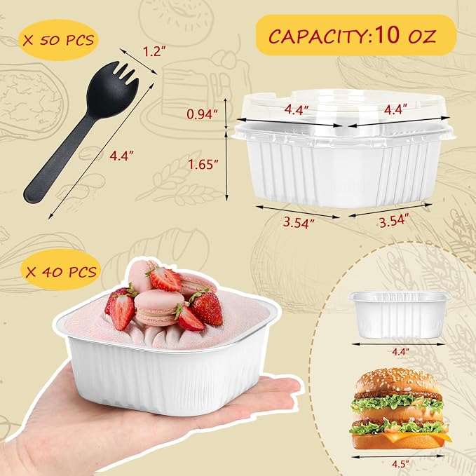LNYZQUS 10oz Mini Cake Pans with Lids, Small Cinnamon Roll Containers | 40 Pack, White, Disposable, Aluminum Foil, Individual Baking Tins, 4 Inch Square Dessert Cups for Bake Sale Treats