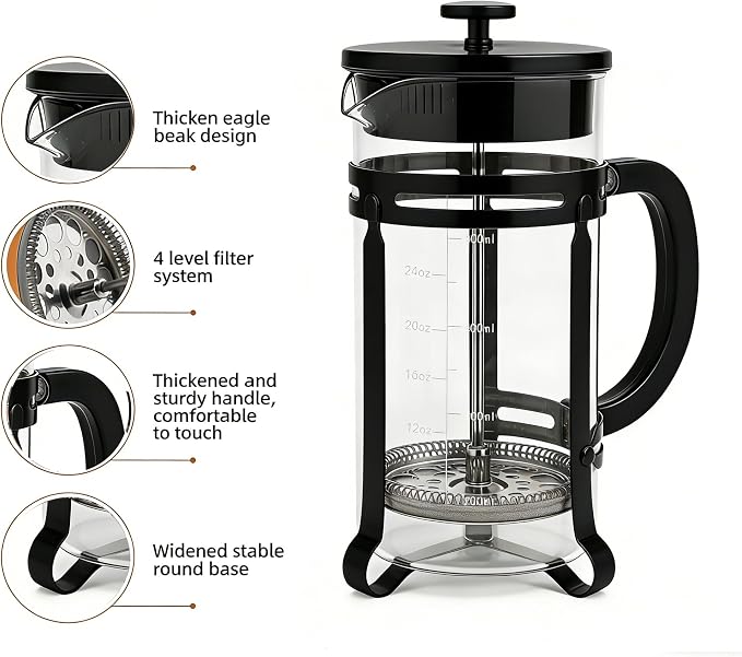 French Press Coffee Maker 21oz, Glass Coffee Press With Extra Filter-Black | Thickened Glass Stainless Steel, for Coffee, Cold Brew,Tea & Cocoa