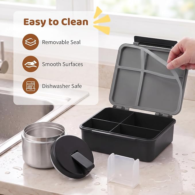 Bento Lunch Box with 8oz Soup Thermo, Kids Leakproof Lunch Food Containers with 4 Compartment, Kids Thermo Insulated Hot Food Jar for School, Trvael (Grey)