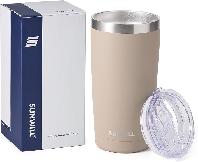 SUNWILL Travel Coffee Tumbler 20 oz, Insulated Mug with Lid, Stainless Steel Cup for Outdoor, Powder Coated Taupe