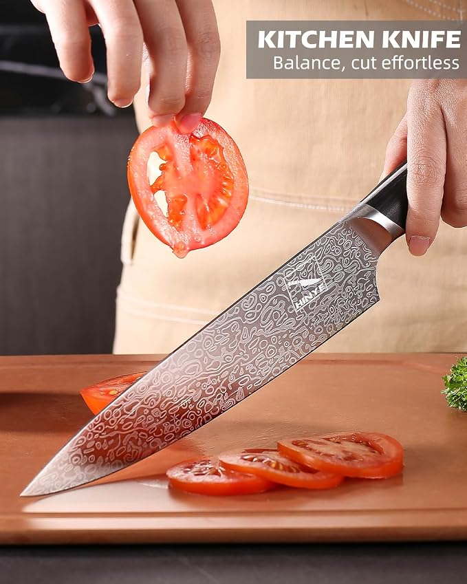 8" High Carbon Stainless Steel Kitchen Chef Knife, Blackwood Handle, Textured Anti-Stick Blade, Rustproof & Dishwasher Safe, Effortless Chopping, Premium Gift Box