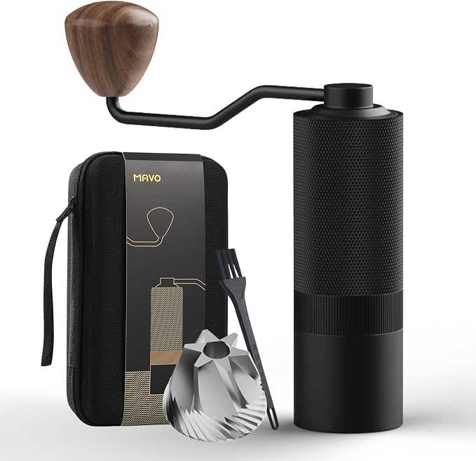 MAVO Manual Coffee Grinder, Wizard Hand Coffee Grinder, Capacity 25g with CNC Stainless Steel Hexagonal Conical Burr, Adjustable Setting, Burr Coffee Bean Grinder for French Press, Pour Over, Black