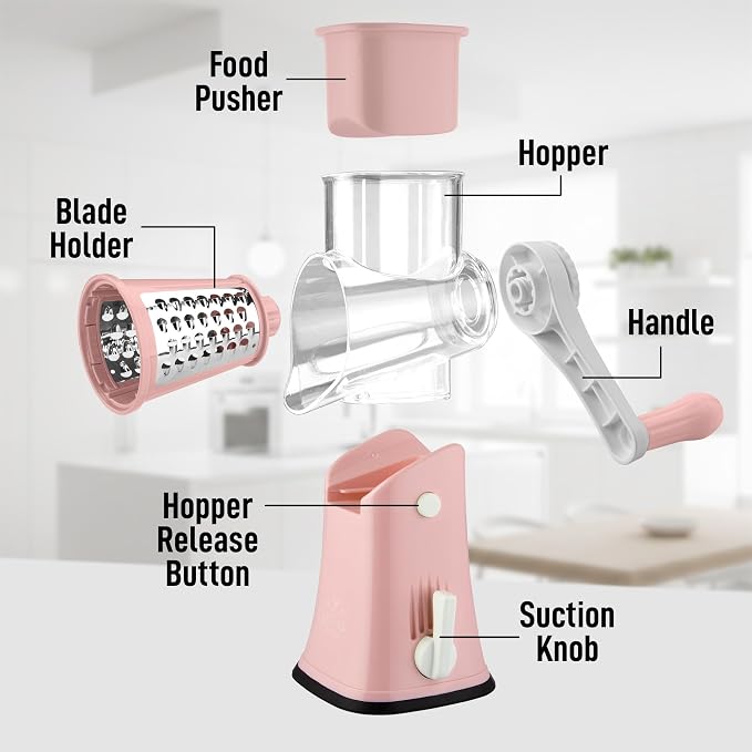 Zulay Kitchen Rotary Cheese Grater 5 Blade Cheese Shredder - Manual Hand Crank Cheese Grater With Reinforced Suction & 5 Interchangeable Drums - Easy to Use, Vegetable Chopper Round Mandoline Slicer