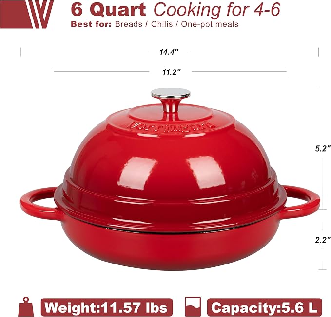 Cast Iron Enameled Dutch Oven Pot with Lid for Bread Baking, Bread Oven, 6 Quart, Red