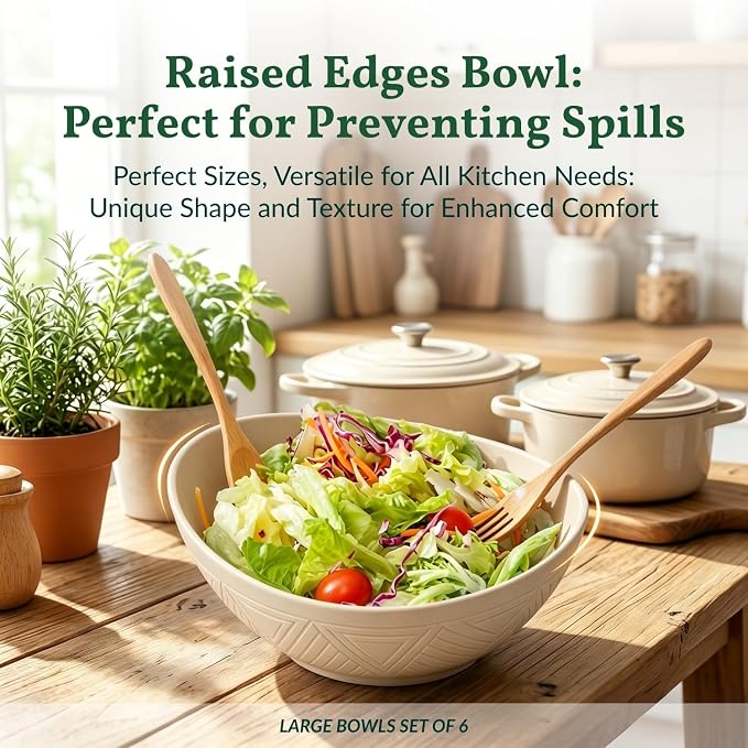 Salad Bowls Set of 6, 60 OZ Large Wheat Straw Bowls for Kitchen, Camping, Party, Unbreakable Lightweight Popcorn Bowl, Microwave and Dishwasher Safe Bowl Set with Unique Texture - Beige