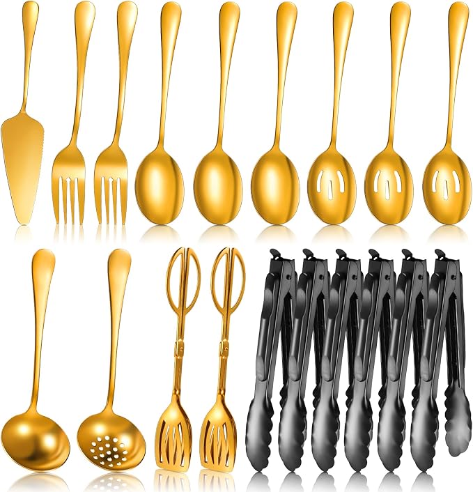 19 Pcs Serving Utensils Set Stainless Steel Tongs,Gold | Includes Spatulas Forks Spoons Perforated Skimmers, Parties Buffet Professional Kitchen Tools Home Gatherings Events