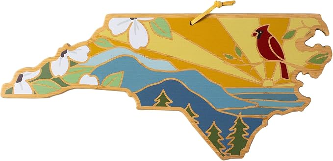 Totally Bamboo North Carolina State Shaped Cutting Board, Summer Stokes Art | State charcuterie board with colorful hand-drawn landscape art. Smooth reverse side for food prep. Hang tie for wall display.