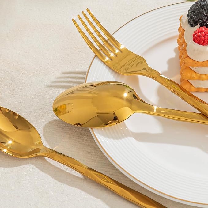 20 Piece 18/10 Gold Silverware Set, Stainless Steel Flatware Cutlery for 4 | KINGSTONE Luxury Silverware with Diamond Cut Pattern, Mirror Polished Utensils for Kitchen, Wedding, Party, Dishwasher Safe
