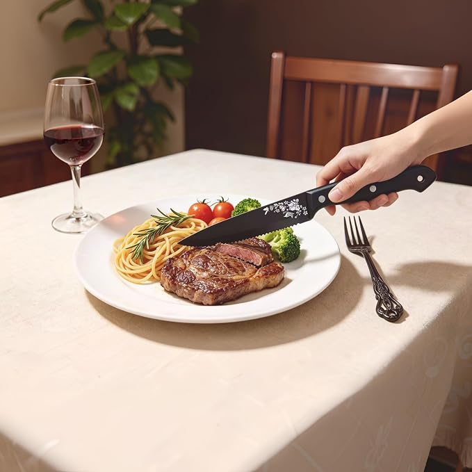 48 Pieces Black Gorgeous Retro Royal Silverware Set with Steak Knives For 8,Stainless Steel Fine Vintage Service Flatware Set Anti-rust Dark Unique Utensil Fork Spoon Knife, Dishwasher Safe