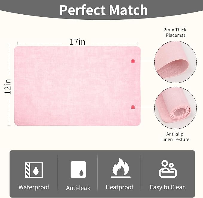 Maxpearl Faux Leather Placemats Set of 4, Easy to Clean, Peachy Pink | Waterproof - Heat Resistant - Non Slip - Wipe Clean Dining Table Place Mats, Suitable for Indoor & Outdoor Use, 17''×12''
