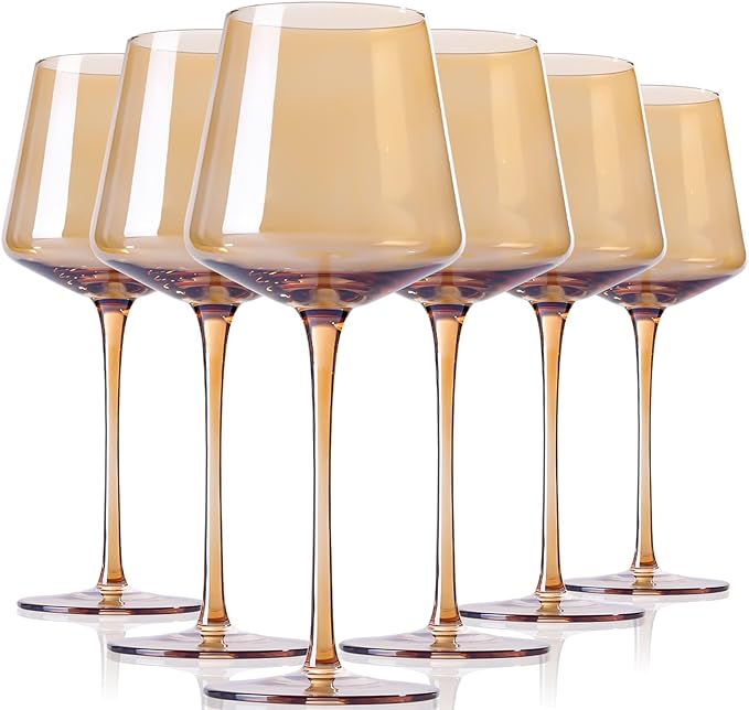 Physkoa Amber Colored Wine Glasses Set 6-16oz Stemmed Modern Amber Wine Glasses With Tall Long Stem and Flat Bottom,Light Brown Glassware for Home Decor