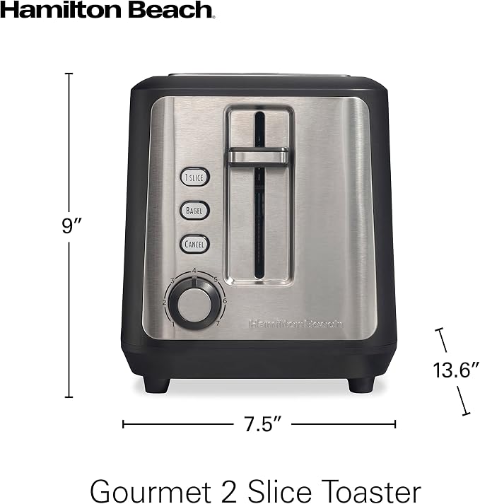 Hamilton Beach Gourmet 2 Slice Slot Toaster with Sure-Toast Technology | Browning Control With 7 Shades | Auto Shutoff | Toast Boost | Extra-Wide Slots | Bagel Setting | Matte Black | 22996