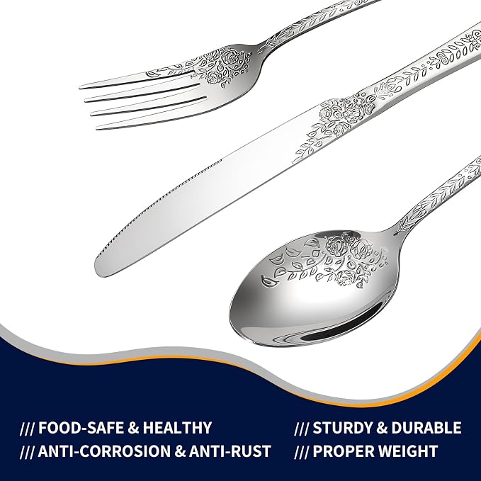 40 Pcs Silverware Set for 8, Food Grade Stainless Steel Flatware Set, Eating Utensils Sets Include Fork/Knife/Spoon, Reusable Cutlery Set for Home Kitchen, Dishwasher Safe, Embossed pattern-1