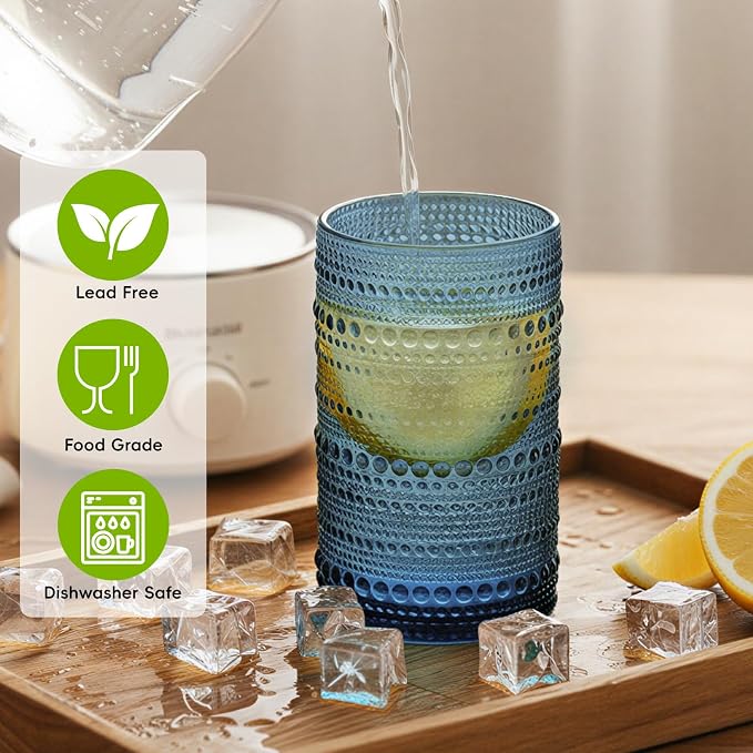 Moretoes12 Pack 12 Oz Blue Hobnail Drinking Glasses Set,Water Glass Cups | Highball Glasses Embossed Boho Kitchen Bar Tumbler Glassware Set for Whiskey, Beer, Juice, Milk and Various Mixed Drinks