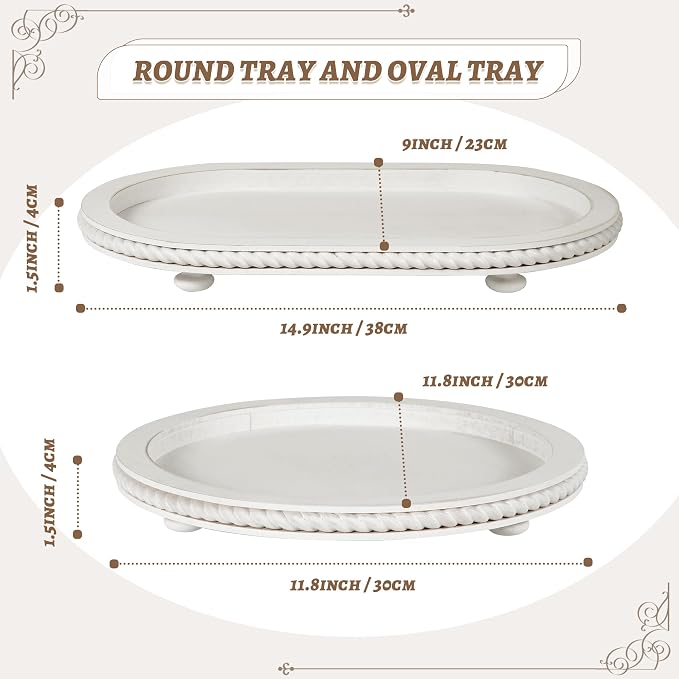 White Oval and Round Decorative Tray Set of 2 for Coffee Table | Farmhouse Vintage Decorative Tray Stand for Coffee Table, White Serving Tray for Living Room Kitchen Home Decor -1 Set
