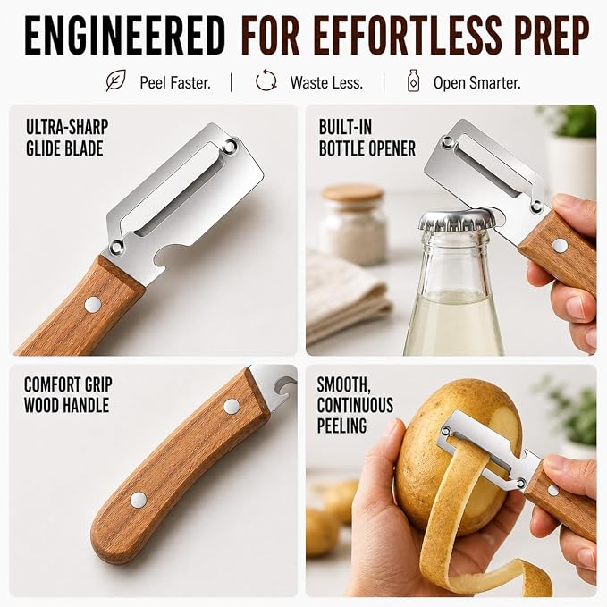 Multifunctional Vegetable Peeler with Wooden Handle, 2-in-1 Stainless Steel Peeler with Built-in Bottle Opener, Ergonomic Peelers for Kitchen, Sharp Vegetable Peeler for Potato, Carrot & Fruit(1)
