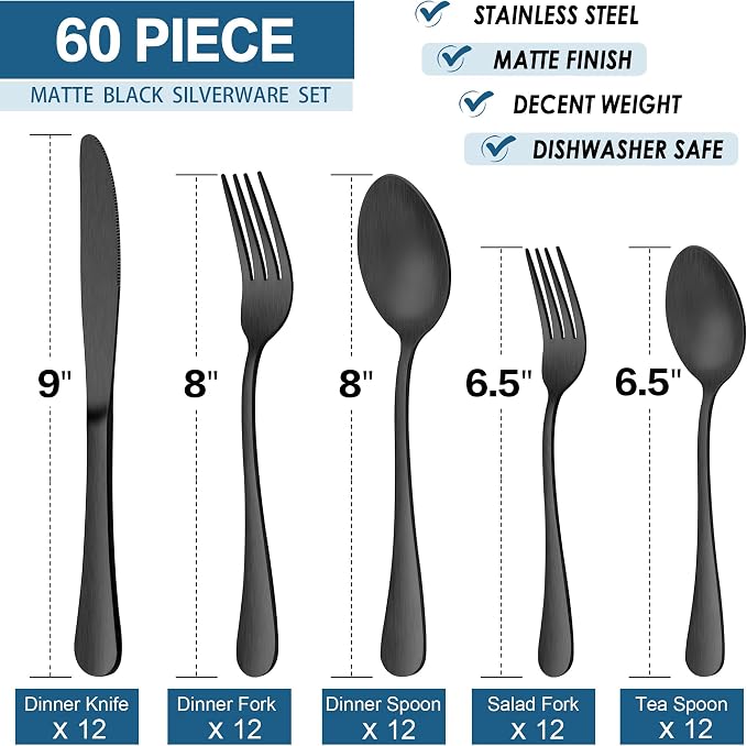 LIANYU 60 Piece Matte Black Silverware Set, Satin Finish Cutlery Set for 12 | Stainless Steel Black Flatware Set, Fancy Kitchen Utensil Tableware for Home Restaurant Party, Dishwasher Safe