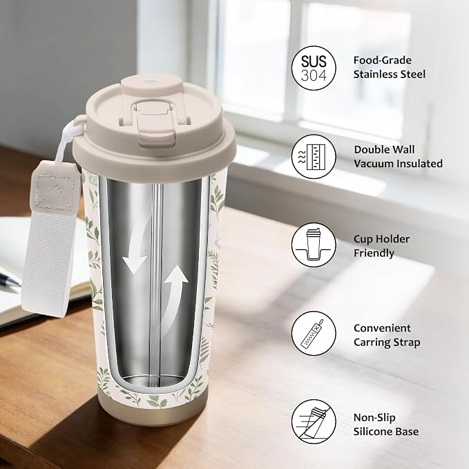 Plant Print Stainless Steel 2-in-1 Lid Coffee Tumbler 18 oz Garden Floral Insulated Travel Coffee Mug Plant Lovers Water Bottle for Women Men