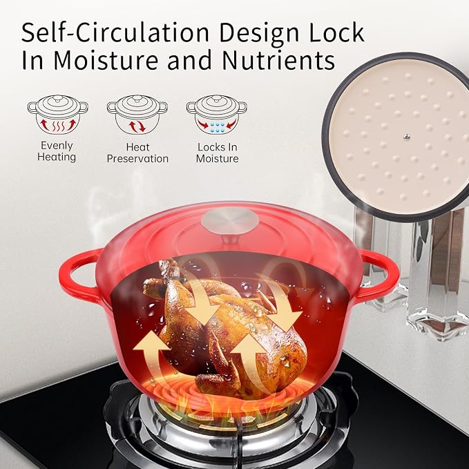 6 Quart Enameled Cast Iron Dutch Oven Pot with Lid Red | Silicone Accessories, Oven Safe up to 500°F, Non-stick Dutch Oven for Bread Baking, Cooking, Dual Handles Cookware