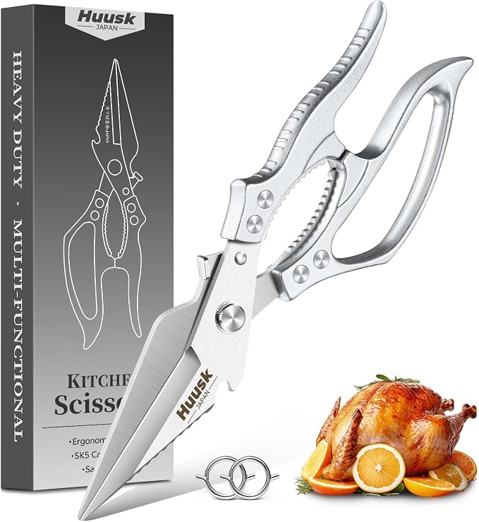 Huusk Kitchen Scissors for Food - Multifunction Poultry Shears Heavy Duty | Japanese SK5 Steel Kitchen Shears for Meat, Fish, Chicken Bones, Turkey, Ergonomic Non-Slip Silver Handle, Gifts for Women
