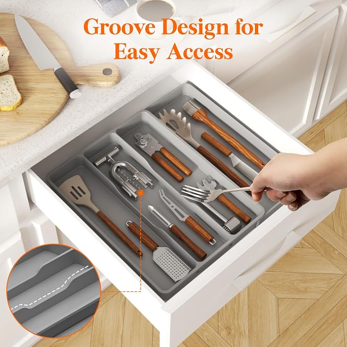 Lifewit Utensil Organizer for Kitchen Drawer, Expandable Cooking Tray | Adjustable Cutlery Flatware Holder, Plastic Silverware Spatula Tools Storage Divider, 11.9-17.3 x 15.8", Gray