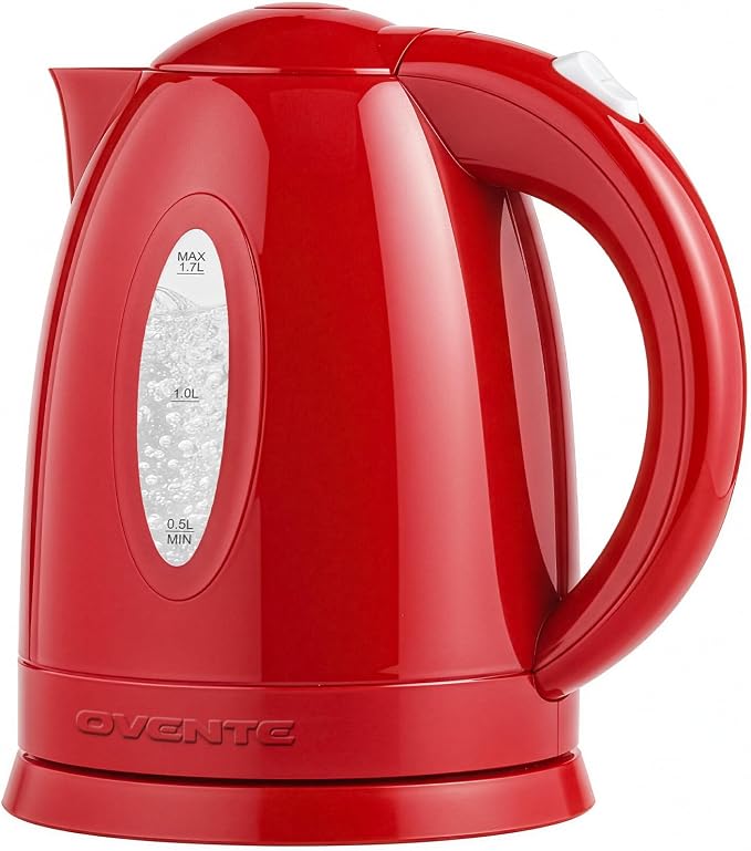 OVENTE 1.7L Electric Kettle with 1100W Fast Boiling Water, Red KP72R | Best For Coffee or Tea, BPA-Free, Water Level Gauge, Auto Shut-Off, Indicator Light, Boil-Dry Protection & Removable Filter