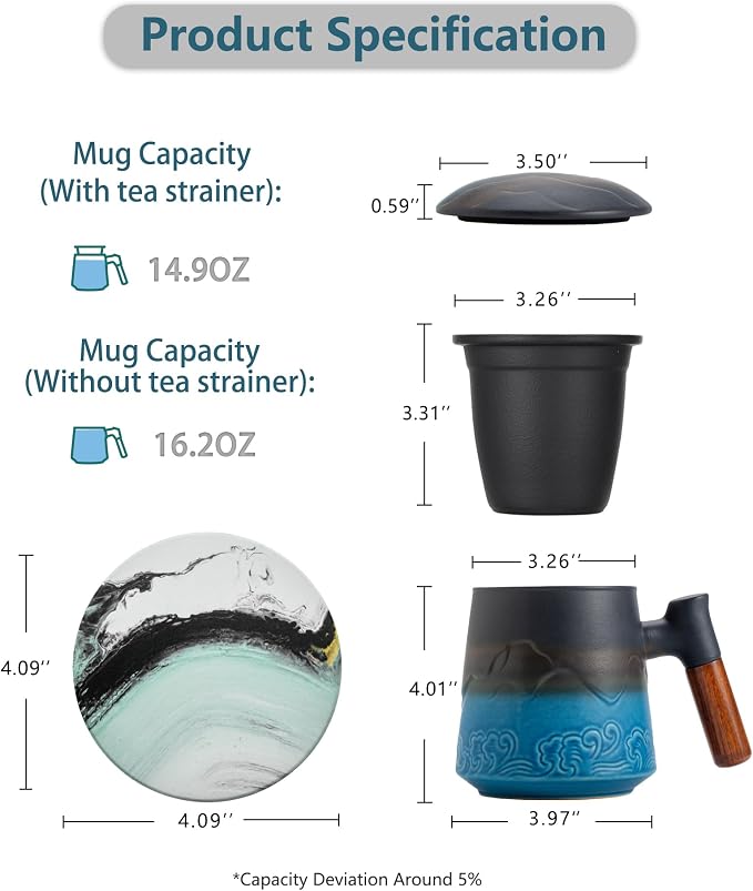 ZENS Tea Cup with Infuser and Lid & Coaster for Tea Steeper, 15oz Blue | Embossed Ceramic Tea Infuser Mug for Loose Leaf Tea Difussers, Tea Lovers Gifts, Nature Wood Handle