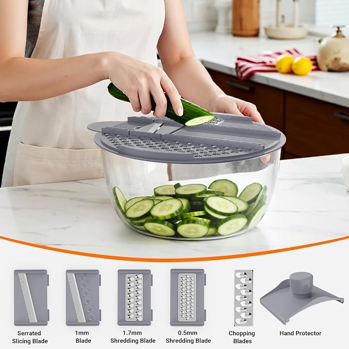 Salad Spinner Lettuce Spinner with Drainage Holes, 5 Chopping Blades, Grey | 5.3 QT Large High Efficiency Fruit Vegetable Washer Dryer, Easy Press Kitchen Tool for Leafy Vegetables