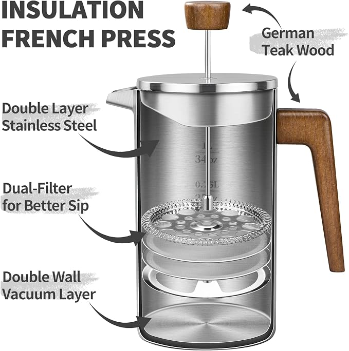 French Press Coffee Maker, 34oz Stainless Steel Coffee Press Real Wood Handle, Double Wall Insulated French Coffee Press with Dual-Filter Screen, Perfect for Camping & Kitchen Use