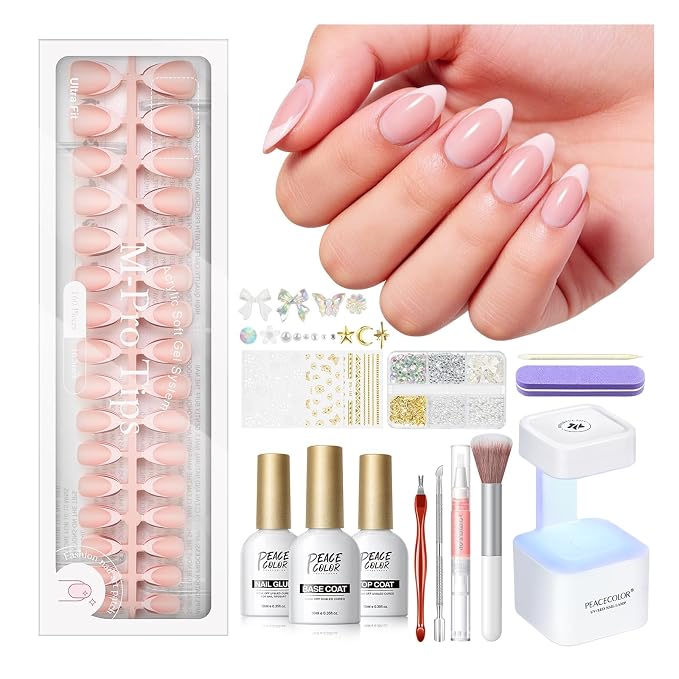 PEACECOLOR French Tip Press On Nails Kit - 160Pcs Short Almond 5 Colors Nude Fake Nails Extension Kit with Nail Glue Top & Base Coat Nail Lamp & Tools Manicure Set for Women Home DIY Gift