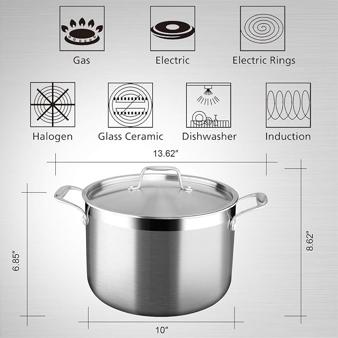Duxtop Tri-Ply Stainless Steel Stock Pot with Lid 8 Quart | Whole Clad Cooking Pot for Soup and Stews, Large Capacity for Family Meal Preparation