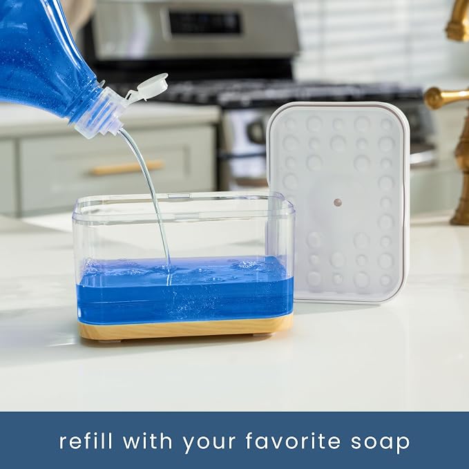 S&T INC. Dish Soap Dispenser and Sponge Holder, Plastic Bamboo and White | Patented Design, Holds 13 Fluid Ounces, Sponge and Waterproof Labels Included, Non-Slip Feet