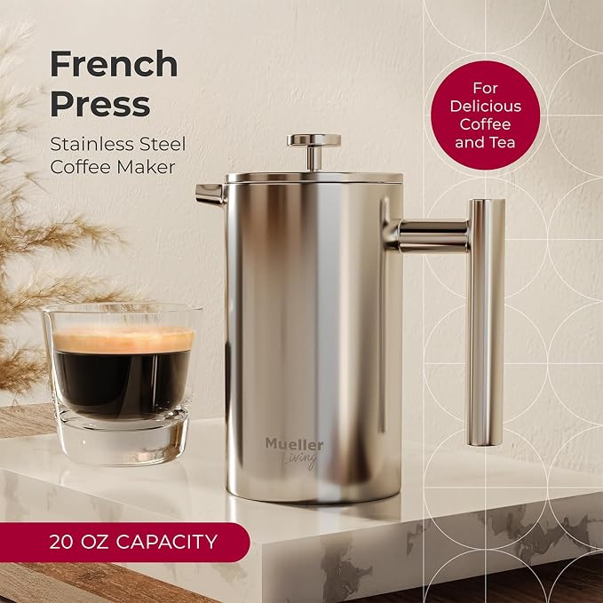 MuellerLiving French Press Coffee Maker 20oz, Stainless Steel French Press Coffee, 4 Filter Heat Resistant Double Insulated, Rust-Free, Food Grade, Dishwasher Safe Coffee Pot | 20oz | Stainless Steel | 4 Filter Heat Resistant Double Insulated | Rust-Fr...