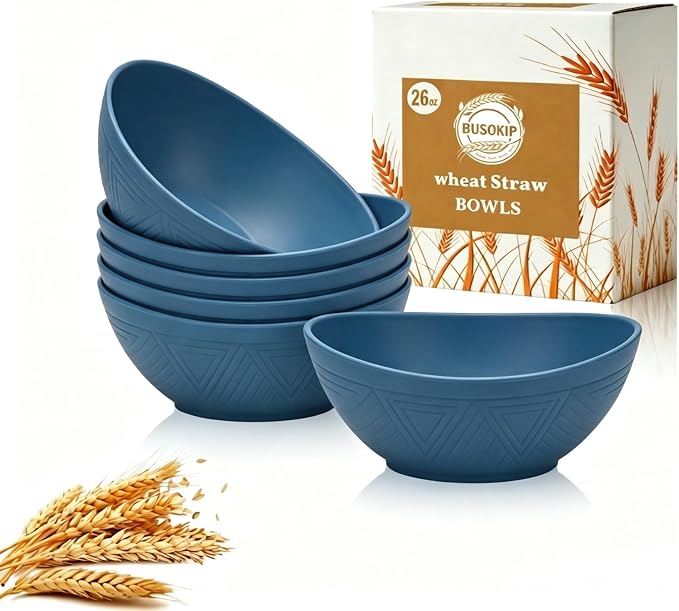 26oz Wheat Straw Bowls Sets of 6, Unbreakable & Stackable Ramen Bowl, Microwave & Dishwasher Safe Dinner Bowls for Rice, Salad, Noodle, Fruit, Kitchen Bowls for Restaurant, RV, Party - Blue