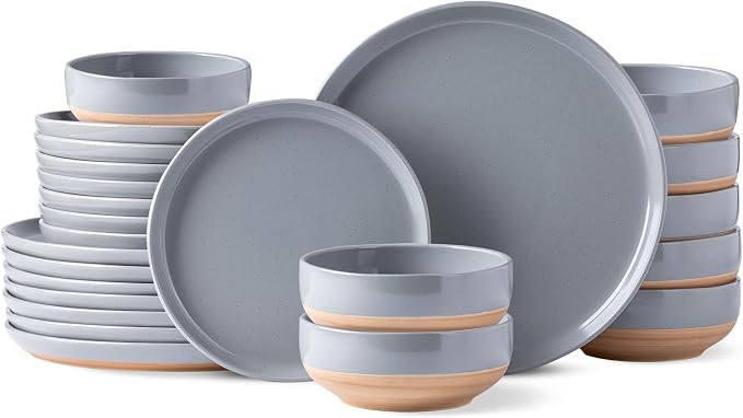 AmorArc Dinnerware Sets for 8, 24 Pieces Ceramic Plates and Bowls Set | Scratch Resistant Stoneware Dishes Set, Dishwasher & Microwave Safe,Gray