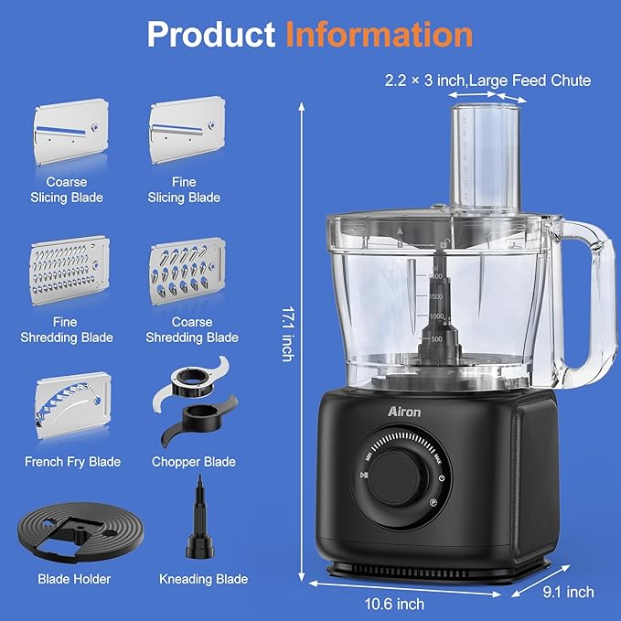 7-in-1 Professional Food Processor, 1000W Powerful Electric Vegetable Chopper, 14-Cup XL Bowl, Large Feed Chute, Cheese Shredding, Meat Chopping, Shredding and Slicing, Mixing and Doughing, Black
