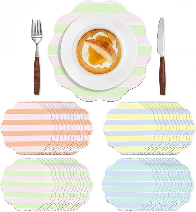 Patelai 48 Pcs Wavy Round Paper Placemats Colorful Pastel Disposable Placemats with Wavy Border for Birthday Wedding Tea Party Banquet Dinner Table Setting (Stripe)