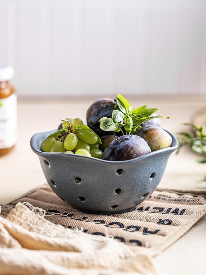 Gomakren Ceramic Berry Basket Set of 2, Elegant Fruit Bowl with Holes for Kitchen Counter, 6 Inch, Berries, Strawberry, Grape, Cherry, Floral Shape, Slate Blue, Dishwasher Safe