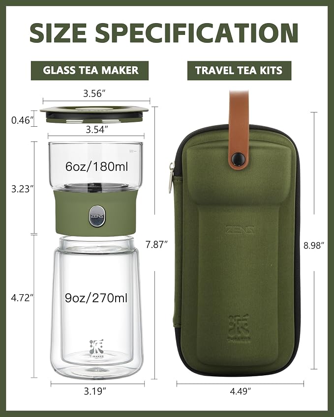 ZENS Modern Glass Infuser Teapot, Smart One Touch Tea Maker for Loose Tea | Glass Magic Tea Pot, Mess free Tea Steeper with Insulated Mug, Portable Tea Infuser with Case for Tea Lovers