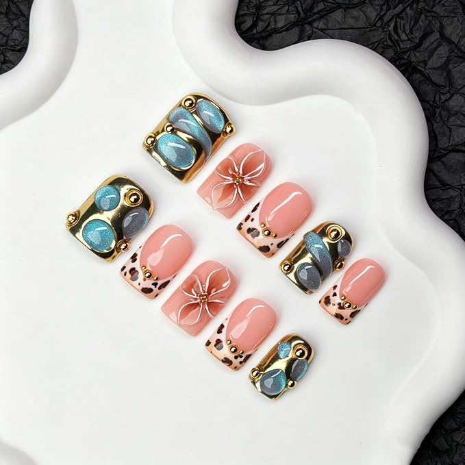 Square Handmade Press on Nails Leopard Print Short Square Fake Nails with 3D Gold Metal & Blue Cats Eyes Charms Thick Salon Quality Acrylic Nail Nude Pink Flower Handmade Stick on Nails for Women (M)