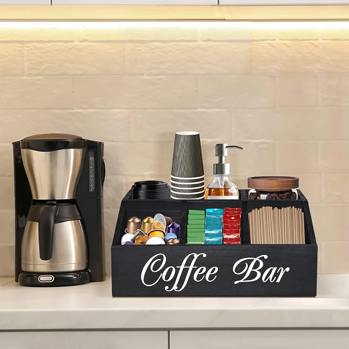 ugiftt Coffee Station Organizer for Counter, Wood Coffee Pods Holder Storage Basket, Tea Condiment Storage Organizer, Rustic Coffee Bar Decor for Coffee Accessories Organizer