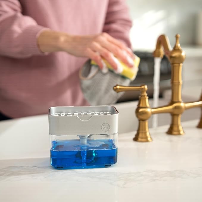 S&T INC. Dish Soap Dispenser and Sponge Holder, Silver | Holds 13 Fluid Ounces, Sponge Included, Anti-Slid Feet, Push to Dispense Perfect Amount of Dish Soap