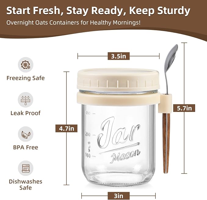 LANDNEOO 4 Pack Overnight Oats Containers with Lids and Spoons, 16 oz Glass Mason Jars with Airtight Lids, Overnight Oats Jars for Milk, Cereal, Fruit-Beige