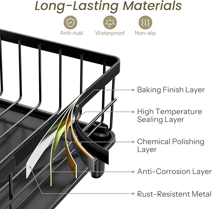SNTD Dish Drying Rack for Small Kitchen Counter, 11" W x 15" L, Black | Space Saving, Rotating Spout & Angled Drainboard for Quick Drainage, Stainless Steel, Removable Utensil Holder