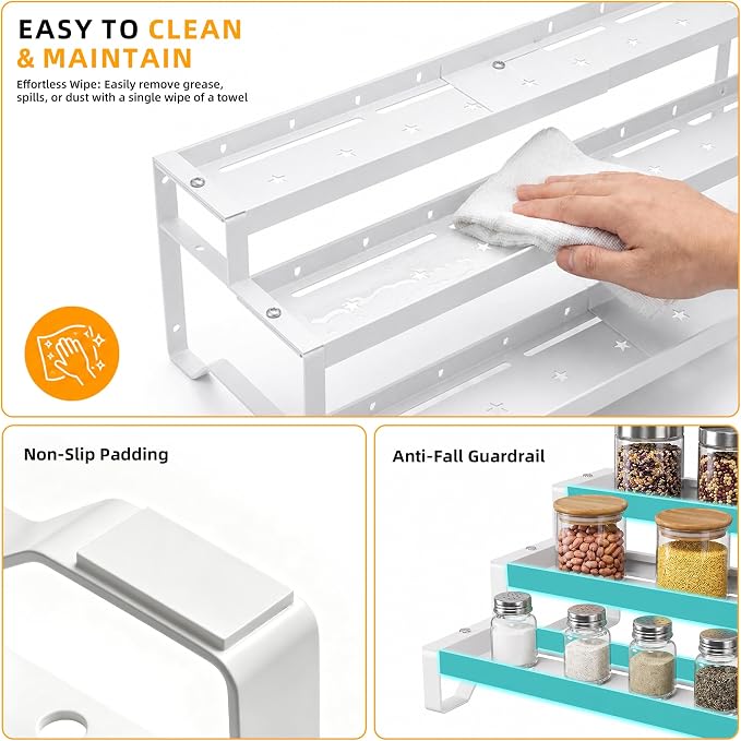 2 Pack Spice Rack Organizer for Cabinet, 13-21.5" Expandable Spicy Shelf | 9.45" Depth 3-Tier White Metal Seasoning Organizer, Kitchen Spice Organization, Slip-Resistant Guardrails for Jars and Cans