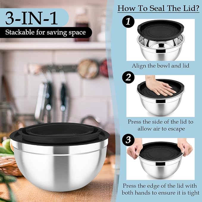 TeamFar Mixing Bowls, Stainless Steel Nesting Salad Bowls Set | Mixing Bowls with Lids & 3 Grater Attachments, For Mixing/Serving/Storing, Non-toxic & Long-lasting, 4.6/3/1.5 QT, Black