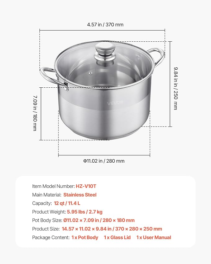 VEVOR Stainless Steel Stock Pot, 12QT Stainless Steel Stockpot with Glass Lid, PFOA-Free, PFAS-Free, Compatible with Gas Stoves, Induction Cooktops, Electric Stoves, for Soups, Stews, and Pasta